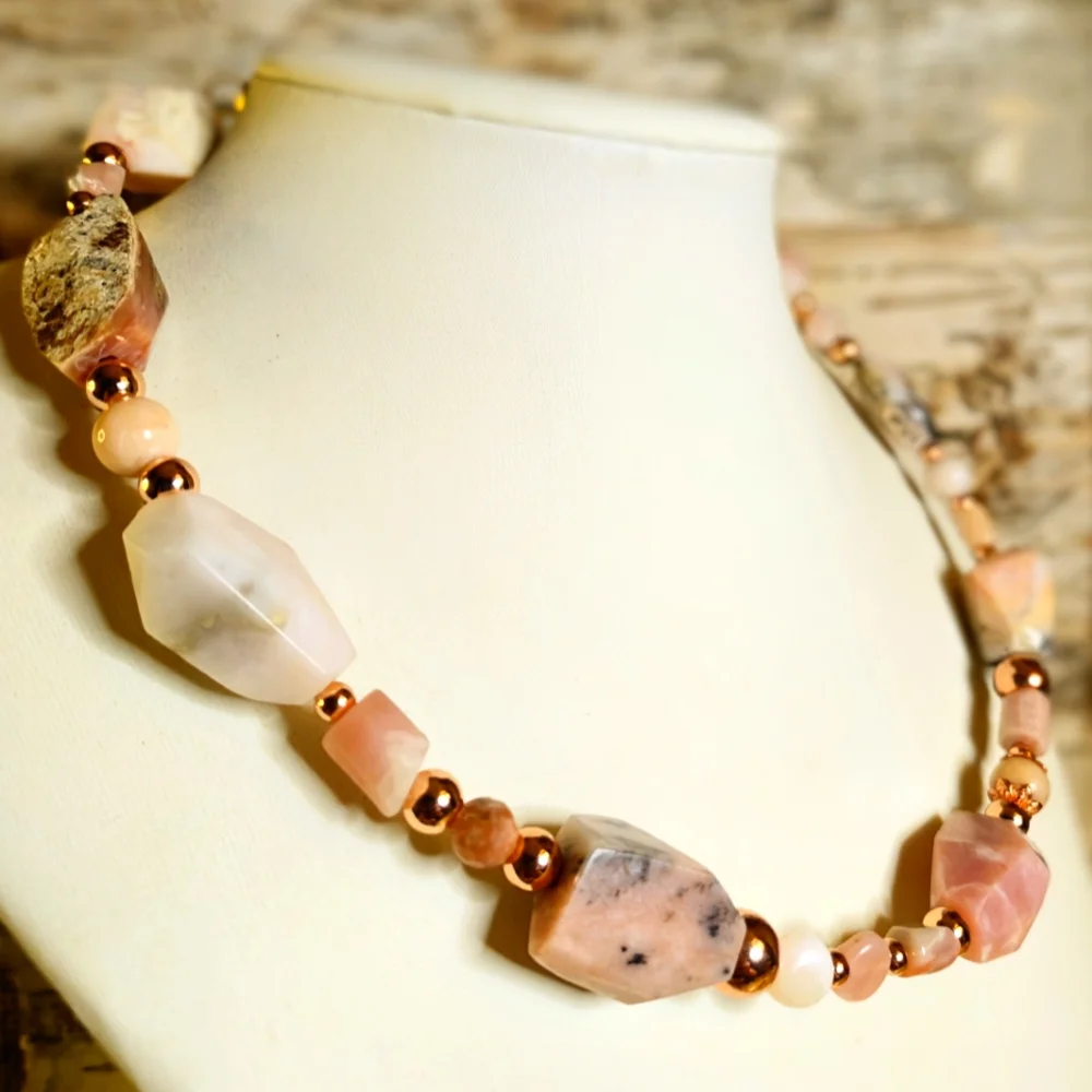 Genuine Pink Opal Large Chunky Stones In Rose Gold Necklace Or Choker